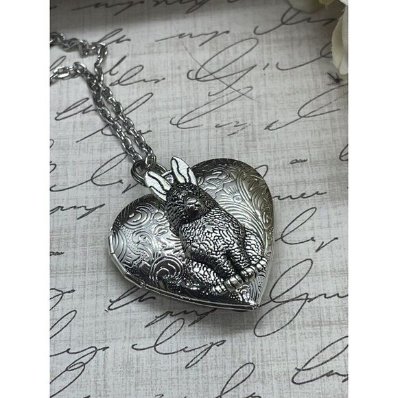 Heart SILVER BUNNY RABBIT Locket Necklace JEWELRY Pendant PHOTO Picture CAMEO - Picture 1 of 12